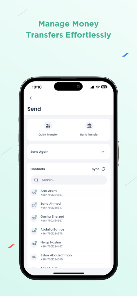 First Iraqi Bank - First Iraqi Bank 앱 인터페이스, 연락처 목록과 함께 빠른 송금 및 은행 송금 화면