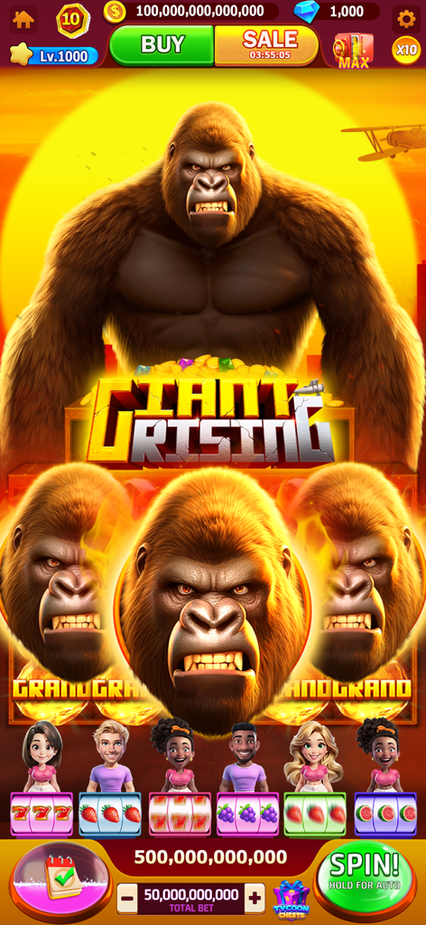 Interfaccia di un gioco di slot machine a tema gorilla in Jackpot Tycoon con avatar multiplayer sociali