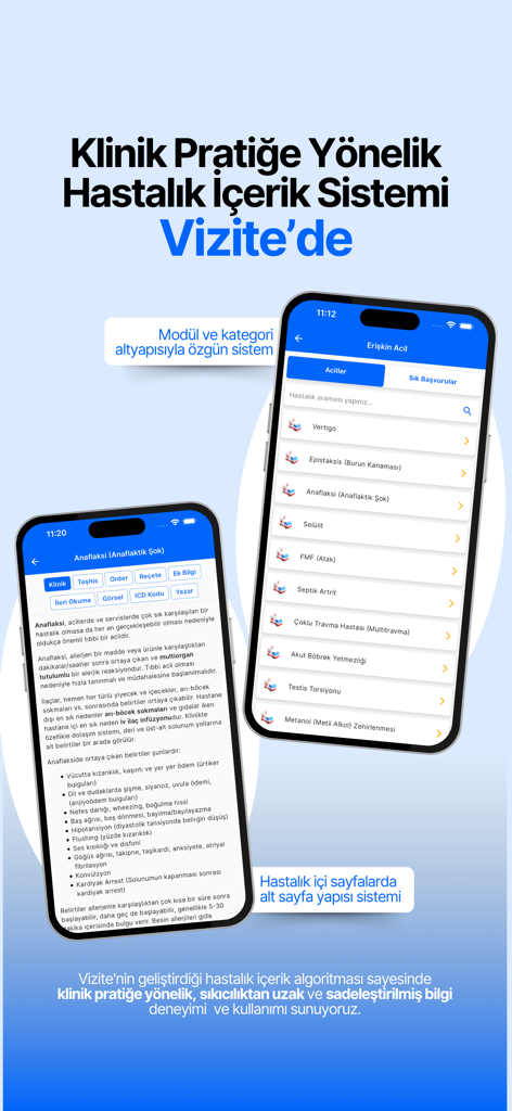 Interface of the Vizite medical app showing emergency clinical conditions and detailed medical protocols for physicians.