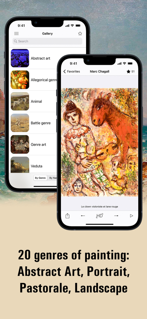 European painting HD - Screenshots of the European painting HD app showing art categories and a Marc Chagall painting.