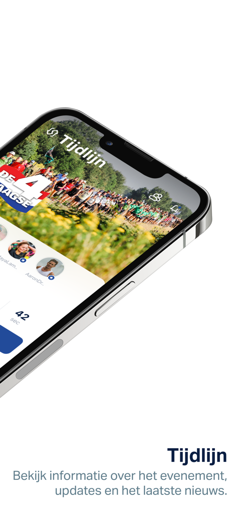 Smartphone screen showing the timeline and social tracking features of the 4Daagse app