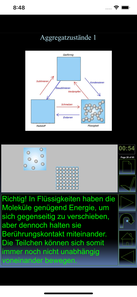 iPhysik 1 Quiz deutsch - Diagram showing states of matter and particle movement in the iPhysik physics educational app