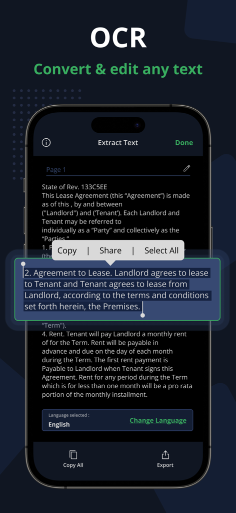 PDF Scanner App - Scan PDF Doc - Interface of the PDF Scanner App showing OCR text extraction from a legal document with options to edit copy and share.