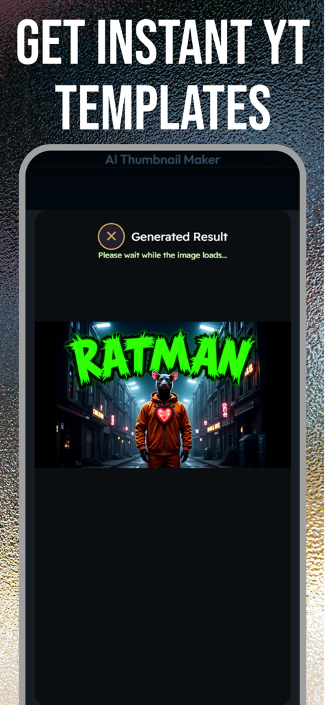 Thumbnail Maker: YT Studio Art - Pantalla de la aplicación Creador de Miniaturas IA de YouTube mostrando una miniatura generada de Ratman con un personaje con una sudadera naranja