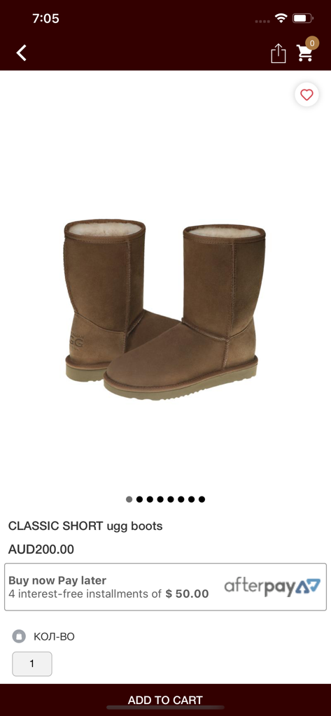 Original Australian Ugg AUD - Product page showing chestnut Classic Short sheepskin boots with pricing and add to cart button