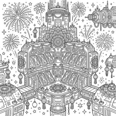 Experience Diwali like never before in this captivating coloring page that merges futuristic cryosleep colonies with traditional festive celebrations. Adorned with intricate rangoli patterns and luminous diyas, this unique design invites you to color a cosmic festival.