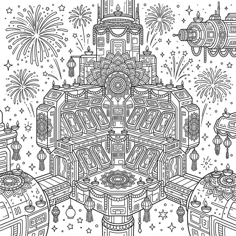 Experience Diwali like never before in this captivating coloring page that merges futuristic cryosleep colonies with traditional festive celebrations. Adorned with intricate rangoli patterns and luminous diyas, this unique design invites you to color a cosmic festival.
