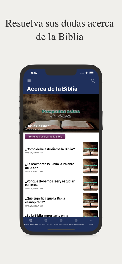 Temas Bíblicos y Predicas - 「Temas Bíblicos」アプリのインターフェースで、スペイン語の聖書に関するQ&Aセクションを表示
