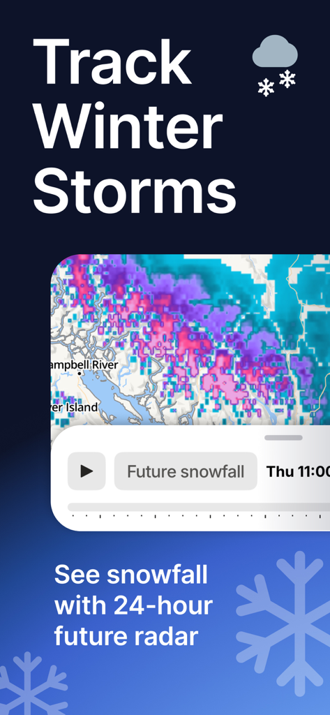 A radar map on The Weather Channel app displaying a 24-hour future snowfall forecast for winter storm tracking.