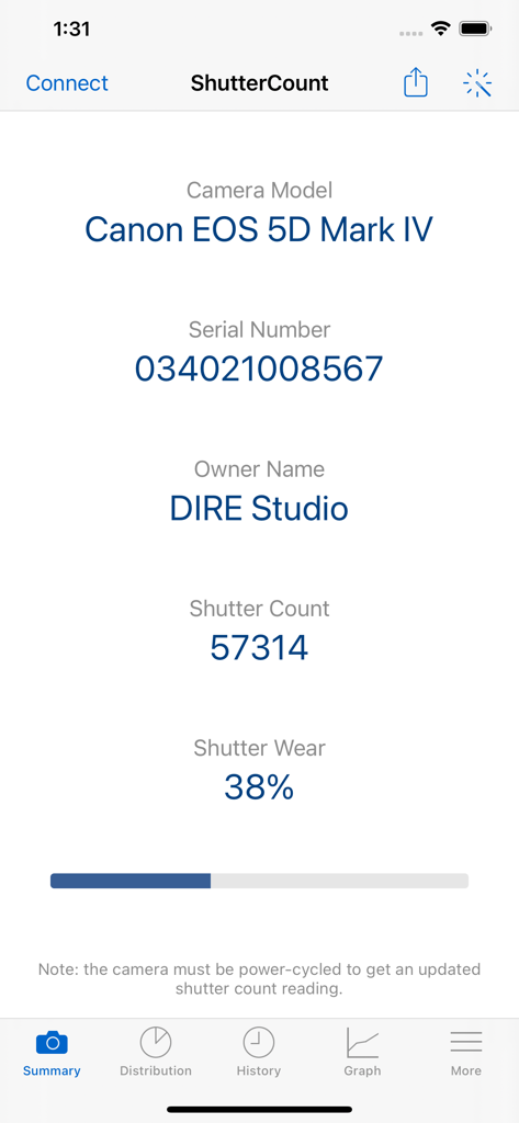 ShutterCount Mobile - ShutterCount Mobile app showing the shutter count and wear percentage for a Canon EOS 5D Mark IV camera