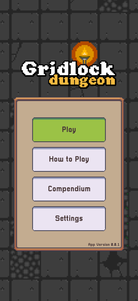 Gridlock Dungeon - Main menu of Gridlock Dungeon game featuring Play How to Play Compendium and Settings buttons in a pixel art style