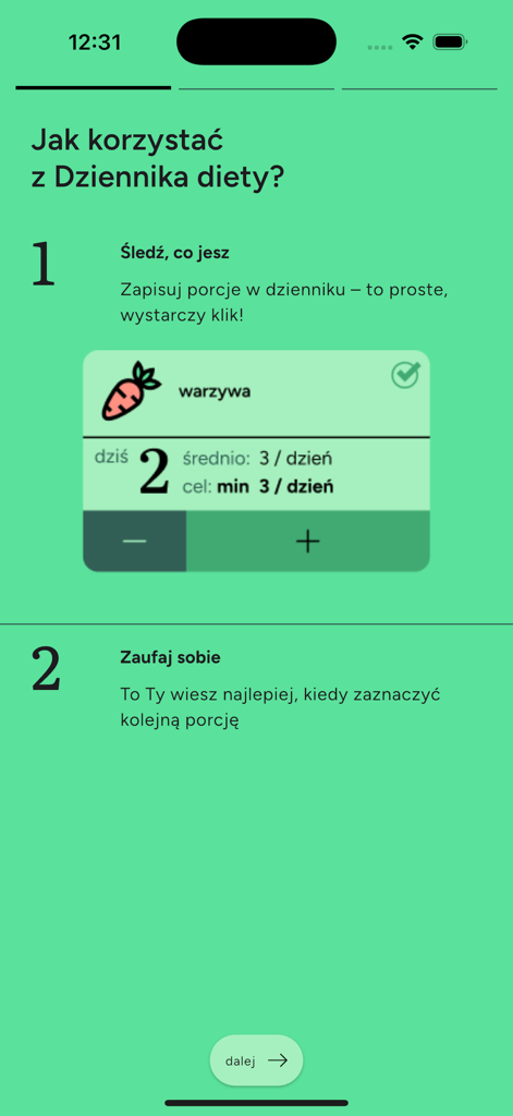 Dziennik Diety app screen explaining how to track food portions and vegetable intake.
