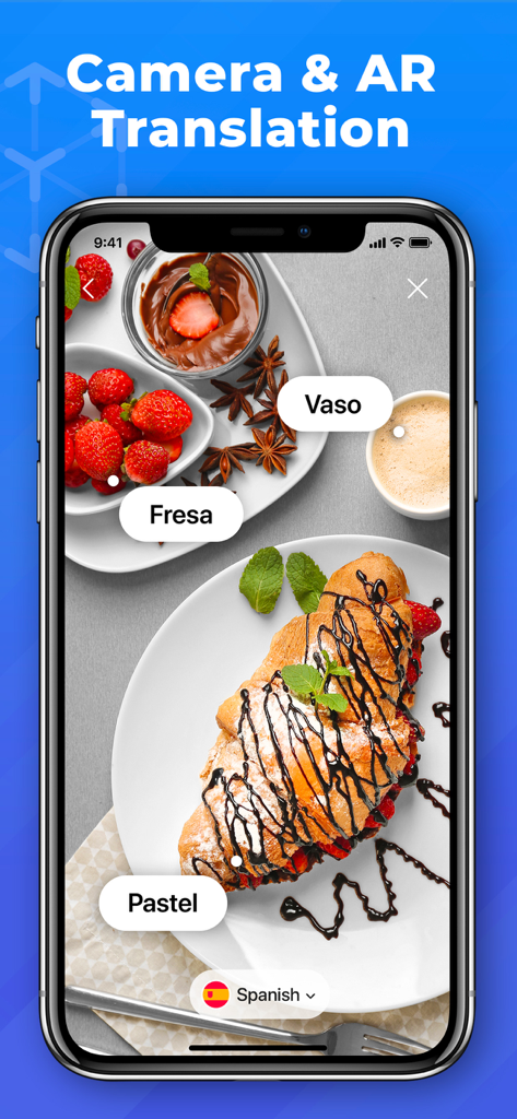 OkTalk: Keyboard Translator - OkTalk app interface showing augmented reality translation of food items on a table