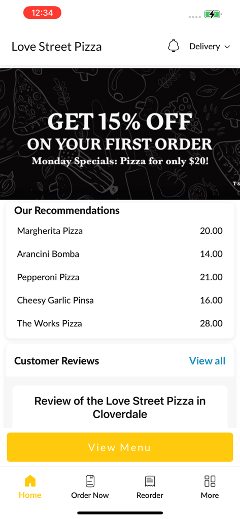 Love Street Pizza mobile app home screen featuring a fifteen percent first order discount and a list of recommended menu items