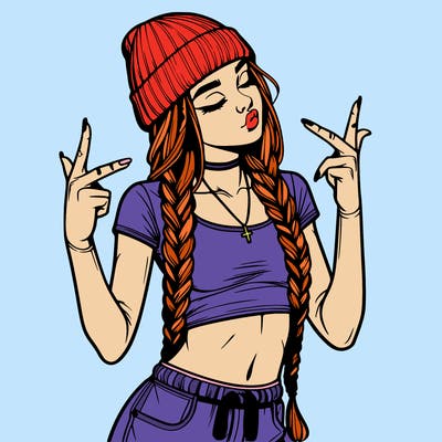 realistic teenage girl with braids and a beanie and crop top doing 🫶🏼