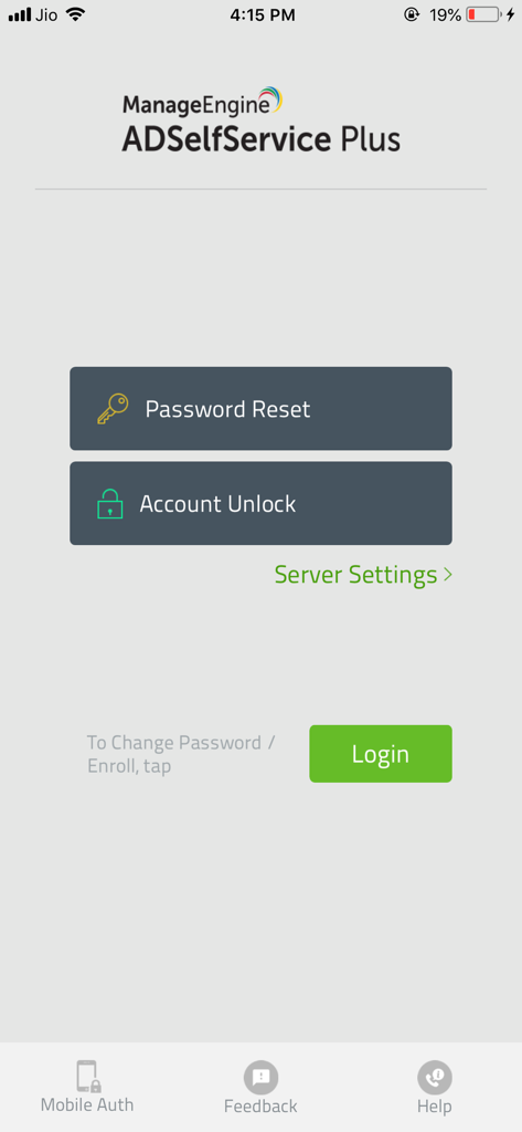 ManageEngine ADSelfService Plus app interface with password reset and account unlock buttons