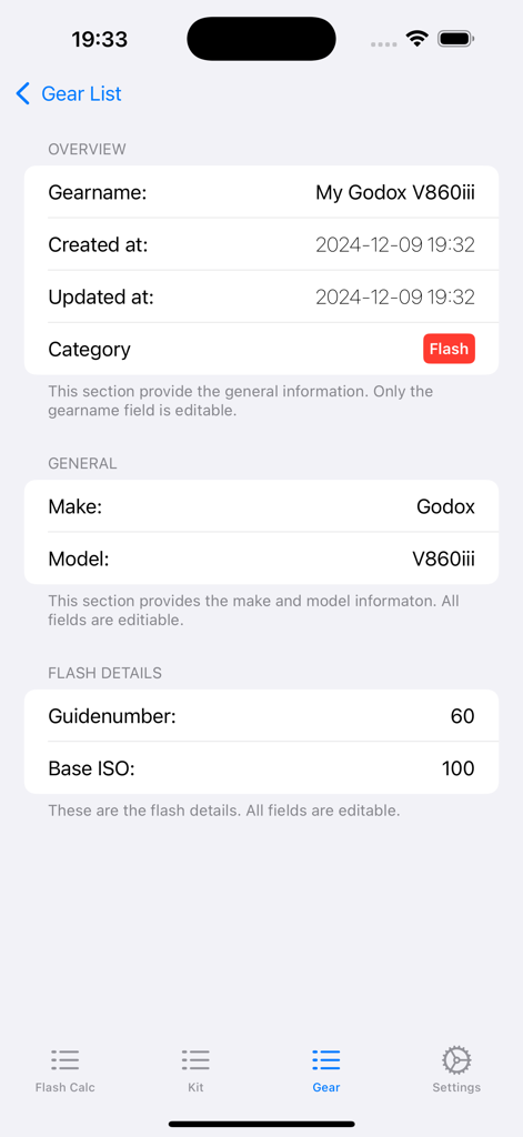 Manual Flash Calculator - Detail view of a photography flash entry in the gear list showing guide number and ISO settings
