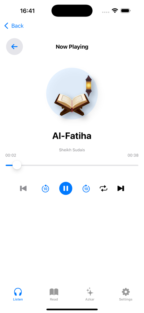 Sheikh Quran Full Recitation - Interface do player de áudio do aplicativo Sheikh Quran tocando Surah Al-Fatiha por Sheikh Sudais