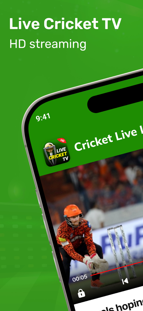 Live Cricket TV HD : IPL 2025 - Mobile phone screen displaying a live cricket match stream on the Live Cricket TV HD app interface