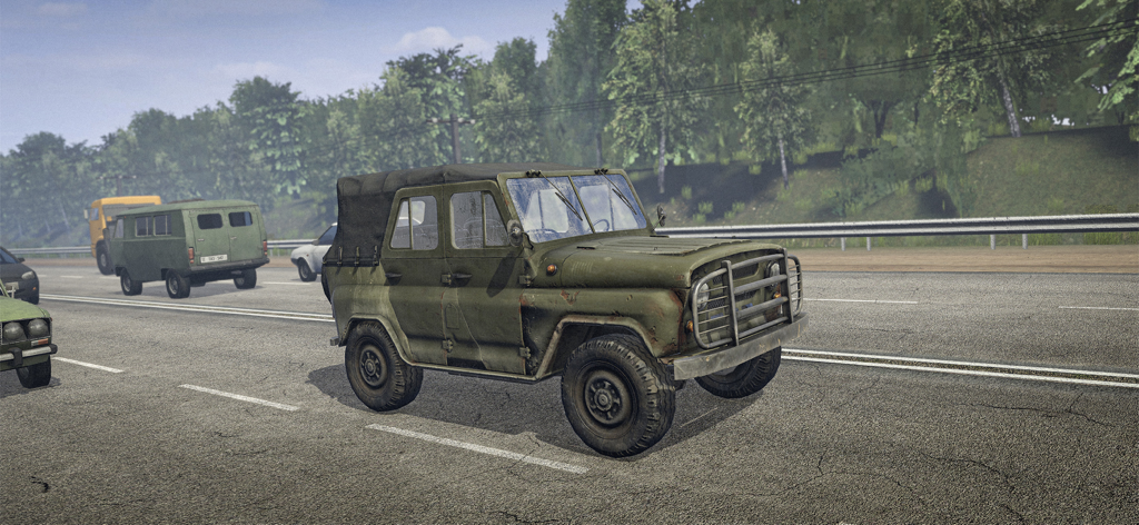 wDrive Roads: Russia - Un SUV de estilo militar verde conduciendo entre el tráfico en una autopista en el juego móvil wDrive Roads Russia.