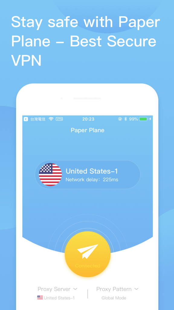 Paper Plane VPN app interface with a secure connection to a US server