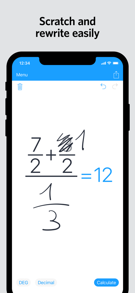 A mobile interface of MyScript Calculator 2 demonstrating the scratch to erase gesture on a handwritten math equation.