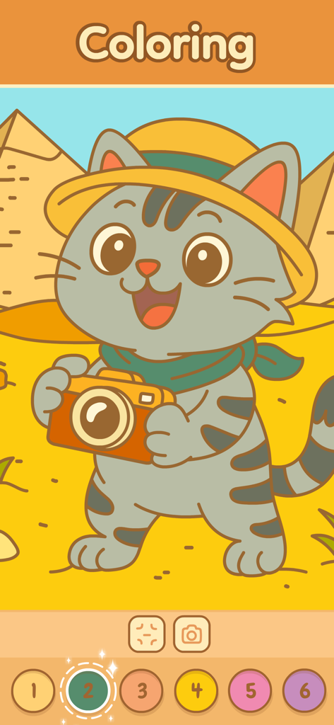 Eine digitale Malvorlage einer niedlichen Katze, die als Entdecker mit einer Kamera vor Pyramiden verkleidet ist.