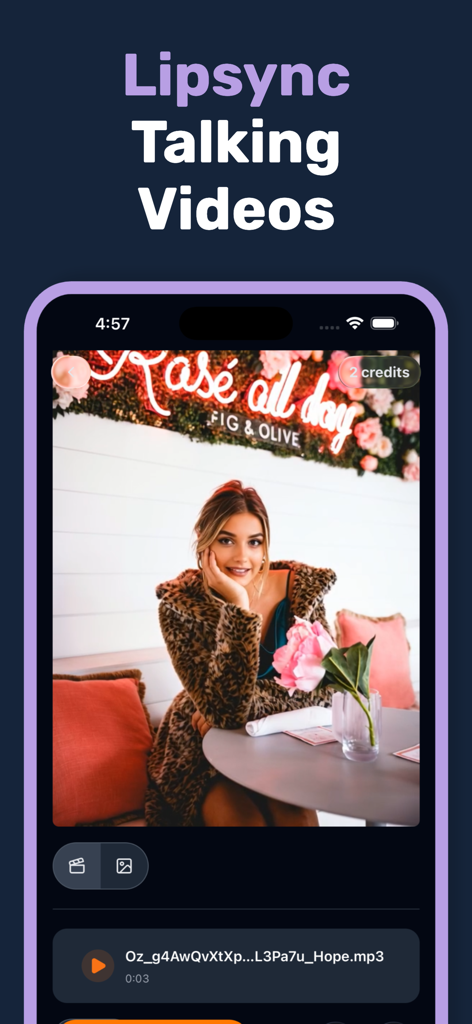 Smartphone screen showing the lipsync talking videos feature where a photo is animated with an audio file