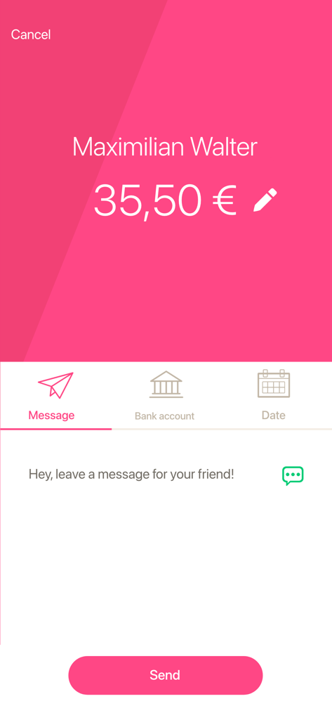 Uma interface rosa e branca do aplicativo BIL Payconiq para enviar um pagamento de 35,50 Euros para um contato com uma mensagem personalizada.