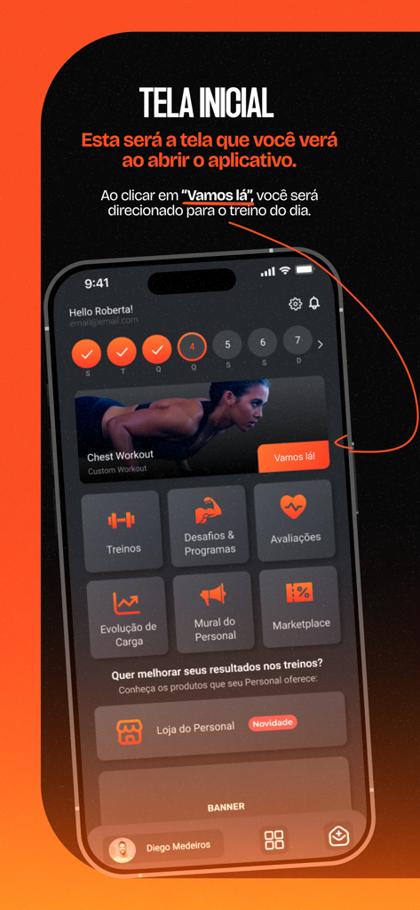 O Personal Digital - Tela inicial do aplicativo de fitness O Personal Digital mostrando rotinas de treino e painel do personal trainer.