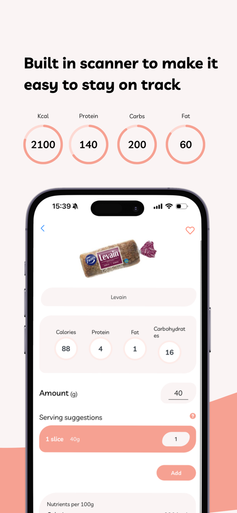 Livity - Interface de l'application Livity montrant un suivi nutritionnel et un scanner de codes-barres avec des résumés de calories et de macronutriments pour les aliments enregistrés.