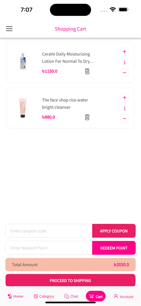 Skinplus - Skinplus mobile app shopping cart screen showing skincare products and checkout options
