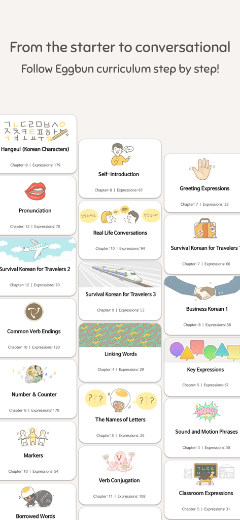 Eggbun: Learn Korean Fun - A display of various Korean language learning modules in the Eggbun app curriculum from Hangeul to conversational topics.
