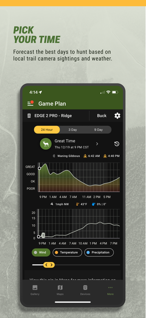 Moultrie - Screenshot of the Moultrie app Game Plan feature showing a deer activity forecast chart with weather and moon phase data.