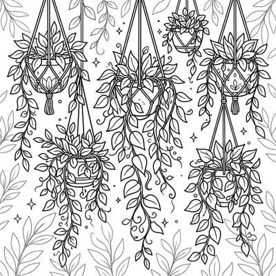 Dive into the calming world of indoor gardening with this exquisite coloring page featuring an array of elegant hanging plants. Perfect for anyone who loves botanical beauty and mindful creativity, this design invites you to bring vibrant life to its trailing vines.