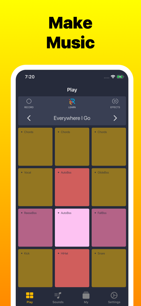 Dubstep Drum Pads 24 - Interface do aplicativo Dubstep Drum Pads 24 mostrando pads de produção musical coloridos