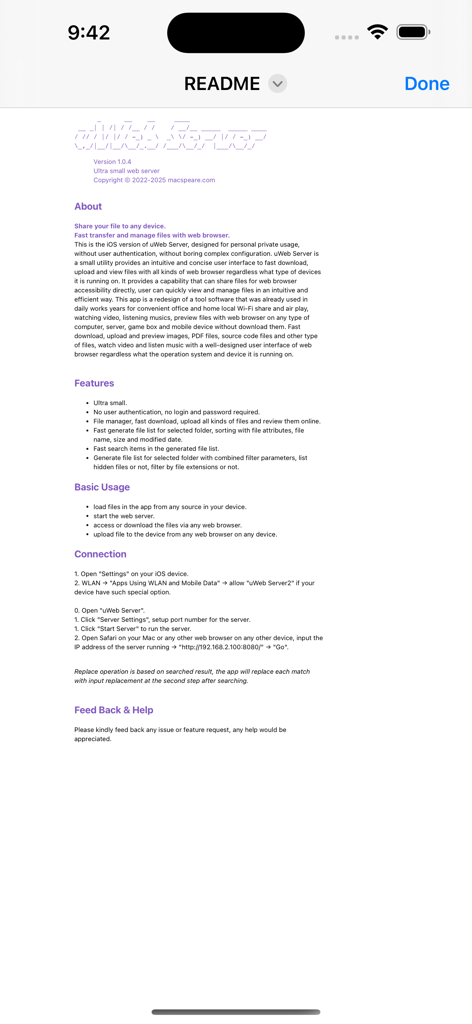 uWeb Server2 - Documentation screen of the uWeb Server2 app listing its features and usage steps