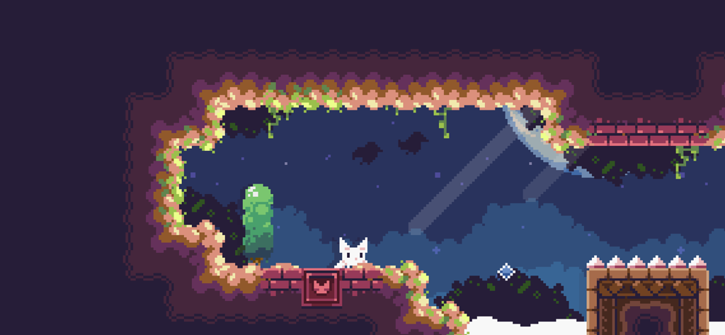 Personagem Cat Bird parado em uma plataforma em uma caverna em pixel art com um fundo estrelado