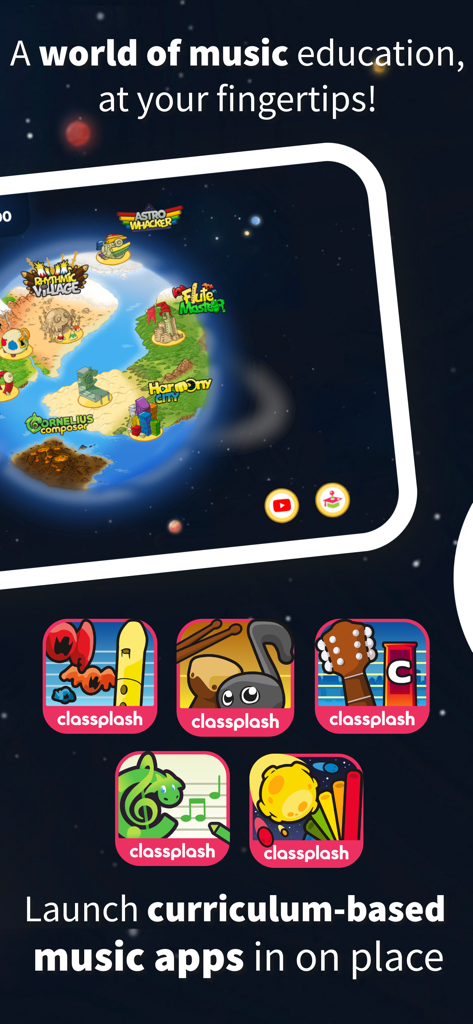 World of Music - La interfaz del panel de la aplicación World of Music mostrando un lanzador para varias aplicaciones y juegos de educación musical basados en el currículo