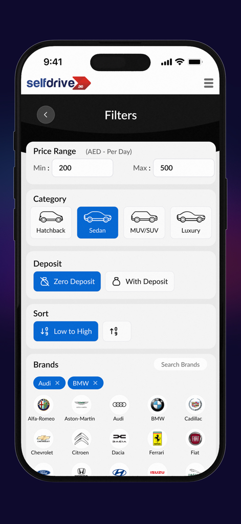 SelfDrive Mobility Car Rentals - SelfDrive app search filters for car category price and brands