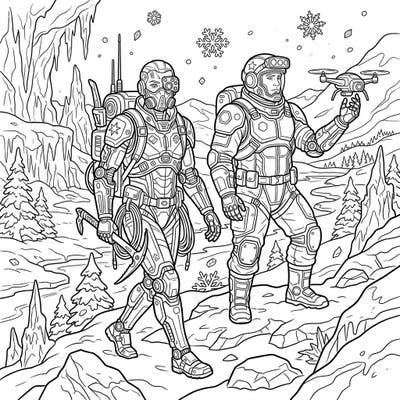 Journey into a breathtaking winter scene where advanced exploration cyborgs brave the icy wilderness. This intricate coloring page invites you to bring their frosty adventure to life with your favorite hues.