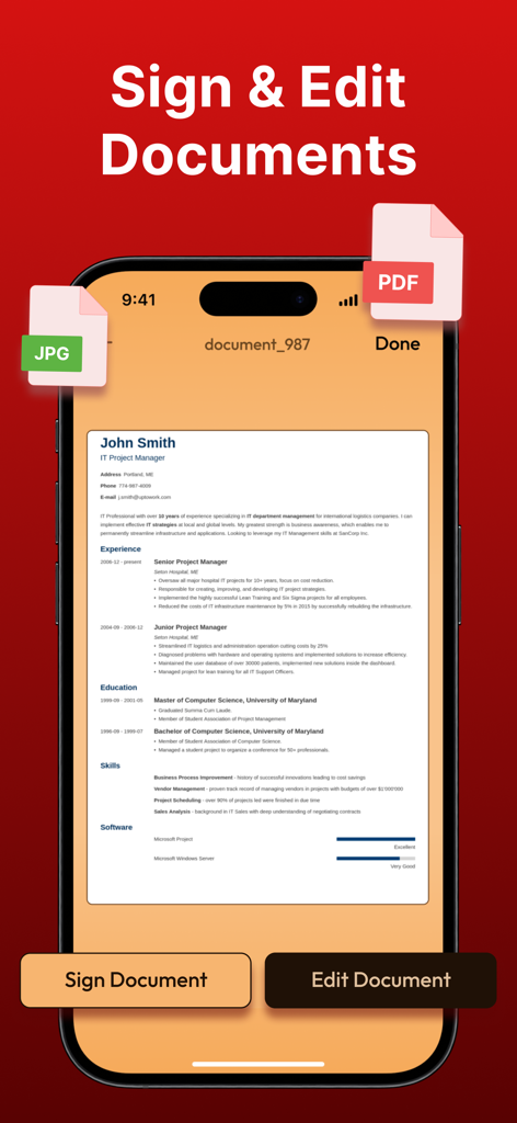 PDF Converter . Convert to PDF - Interfaz de aplicación móvil para firmar y editar documentos PDF en iPhone