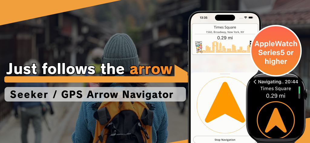 Seeker: GPS Arrow navigator - Seeker GPS navigation showing an orange direction arrow on iPhone and Apple Watch