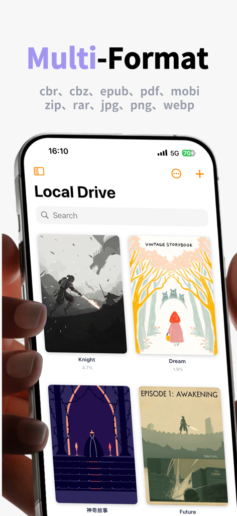 Comic Reader - NoxWing - NoxWing 앱 인터페이스에 만화 로컬 라이브러리와 지원되는 파일 형식 목록이 표시됩니다.