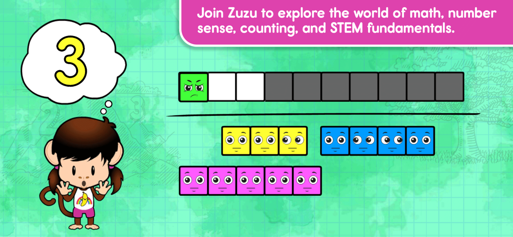Monkey Preschool Learning - Zuzu el mono enseñando matemáticas y conteo con bloques coloridos en la aplicación Monkey Preschool Learning.