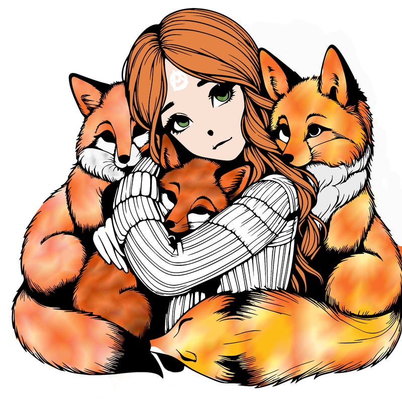 realistic, looking girl hugging, foxes