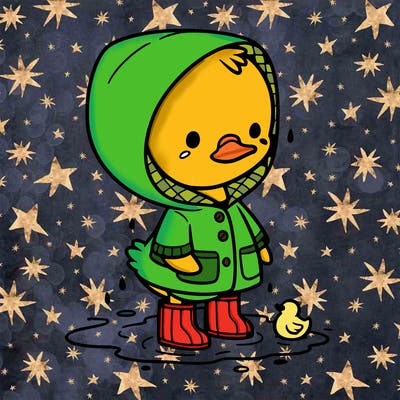 baby duck in a rain coat and boots, in a puddle while it’s raining