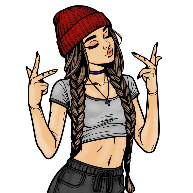 realistic teenage girl with braids and a beanie and crop top doing 🫶🏼