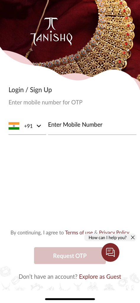Login and sign up screen of the Tanishq jewelry app featuring a traditional gold necklace and mobile number input field.