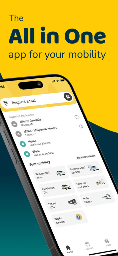 Écran d'accueil de l'application mobile Wetaxi affichant les options de transport tout-en-un pour l'Italie, y compris les services de taxi, de train et de location de vélos